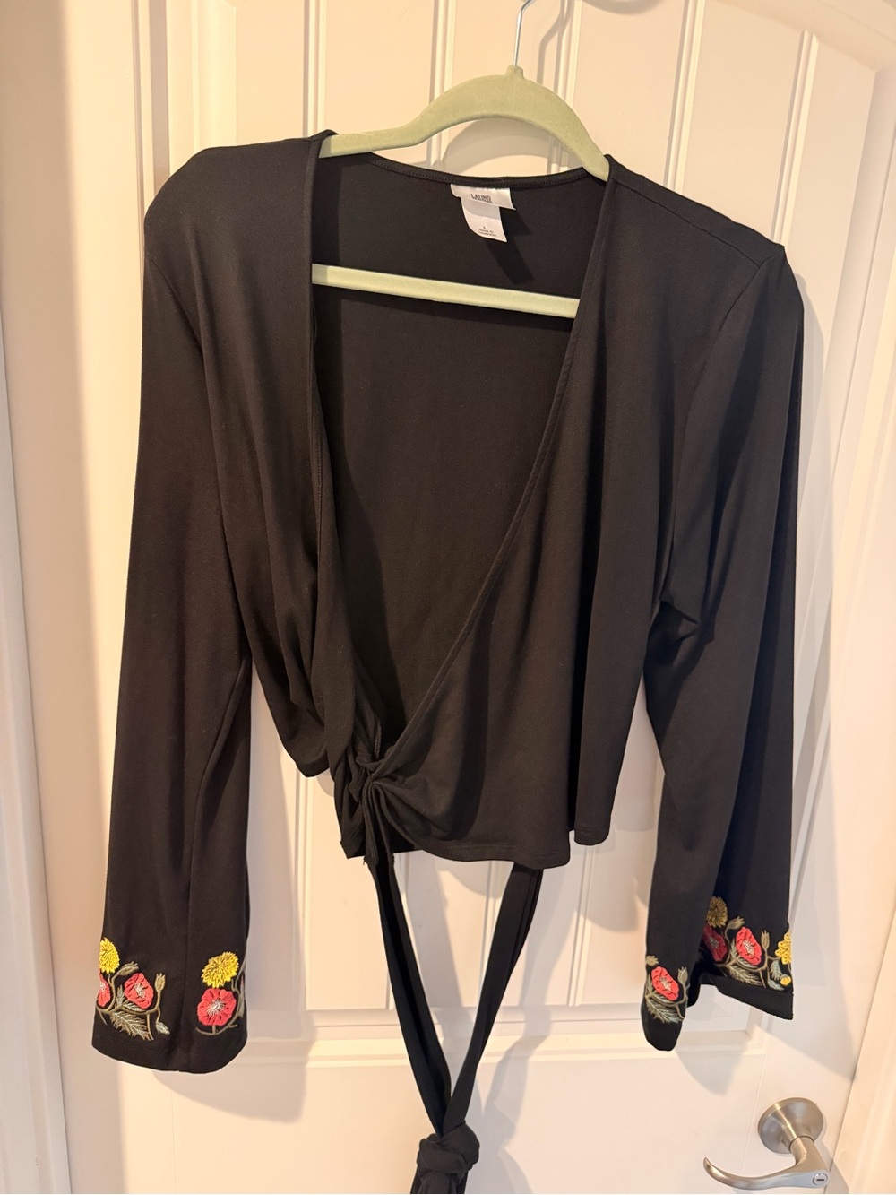 Black Tie-Front Crop Top with Floral Embroidered Cuffs